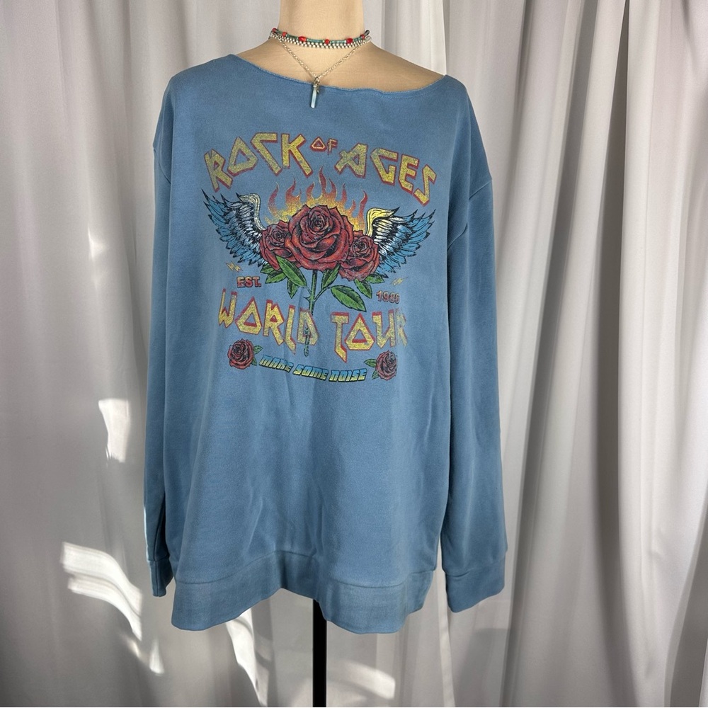 NWT Fashion Nova Rock Of Ages World Tour Sweatshirt Sz L Wide Neck Slouchy